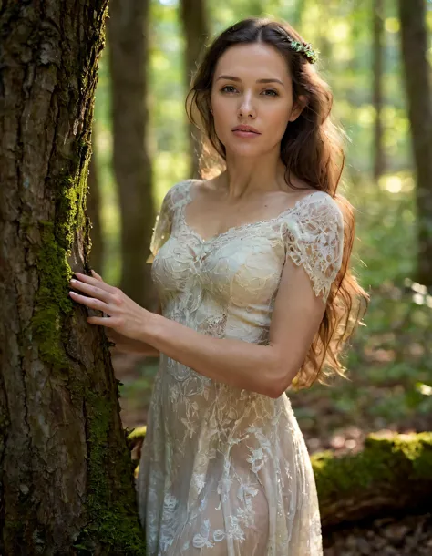 a woman in a white dress standing next to a tree