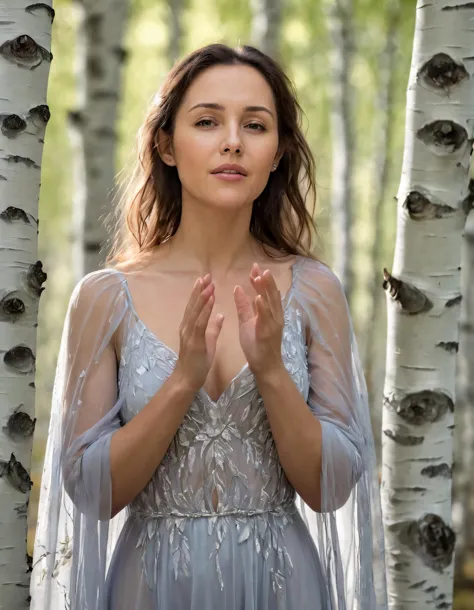 a woman in a blue dress standing in a forest with trees