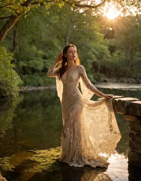 a woman in a wedding dress standing on a bridge near a river