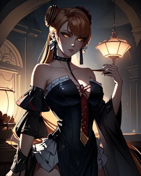 a woman in a corset dress holding a knife and a lamp