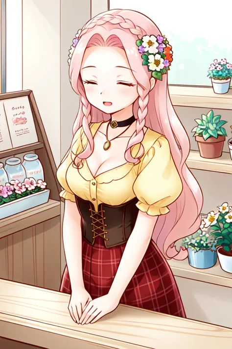 1 girl, indoors, ((flowers)), potted plants, behind counter, hands on counter,
 <lora:Harvest_Moon_Hero_of_Leaf_Valley_-_Lyla:0.4> holvlyla, pink hair, long hair, wavy hair, braid, sidelocks, hair flower, closed eyes,
choker, pendant, yellow blouse, cleavage, puffy sleeves, short sleeves, corset, red skirt,