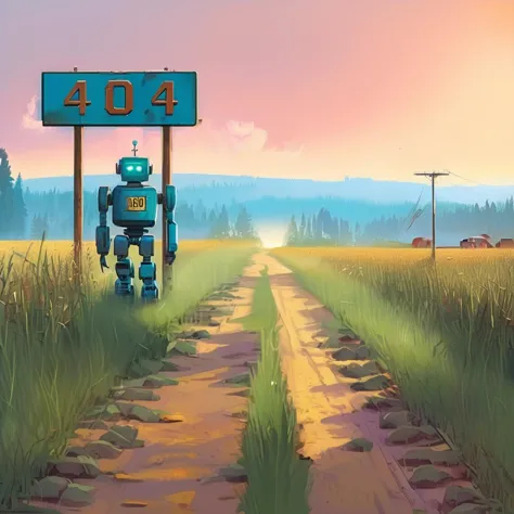 <lora:FF-404-CivitAI-Lycoris-MIX-algo1:1> 404, text 404, logo 404, Civitai404, ffusion404, a robot standing next to a stop sign in a field, robot art cracking the road, simon stlenhag digital art, android jones and rhads, a still life of a rusty robot, by Simon Stlenhag, in the cyberpunk countryside, robot seizes the forest crown, beautiful digital artwork, robot concept art, 4k highly detailed digital art