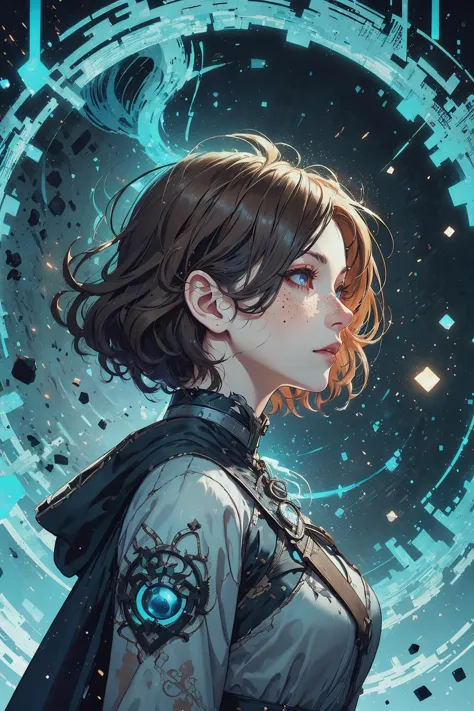 (intricate detail, beautiful:1.2), <lora:smol02:0.4>, <lora:Dreamwave v3:0.5>,
1 girl, adult (elven:0.7) woman, freckles, dark brown eyes, ginger wedge cut hair,  
Style-GravityMagic, portrait, solo, from side, side view, half shot, looking up, detailed background, detailed face, (<lora:CreationMagic:0.6>, particles stream,   creationmagic theme:1.1), focus on eyes, supernatural eyes,  witcher,  wearing  padded witcher clothes, battle-worn, visible scars,  torn cloak  trinkets,  wolf witcher symbol,   witcher senses, port in background, dawn, tense action,     fantasy atmosphere,