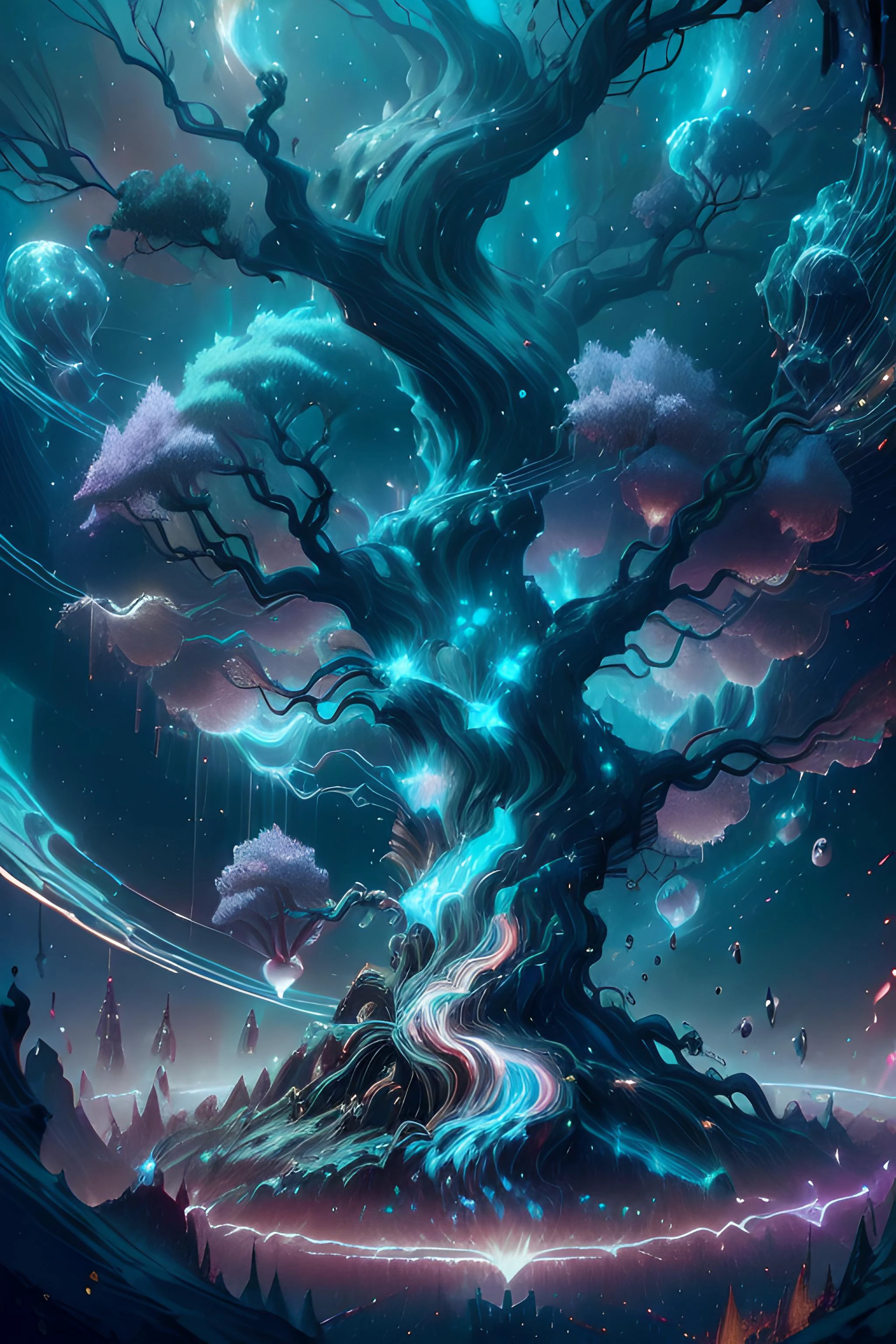 (((A Massive Tree full of Stars and galaxies in a vibrant fantasy forest))), (((Colorful Flowers))), (((Mountains in the background)), creationmagic , ethereal creation, fragmented construct, particles stream psionicmagic , mana flow, shimmers, psychic energy abyssaltech , dark energy, ethereal, dissolving, see-through, abyss