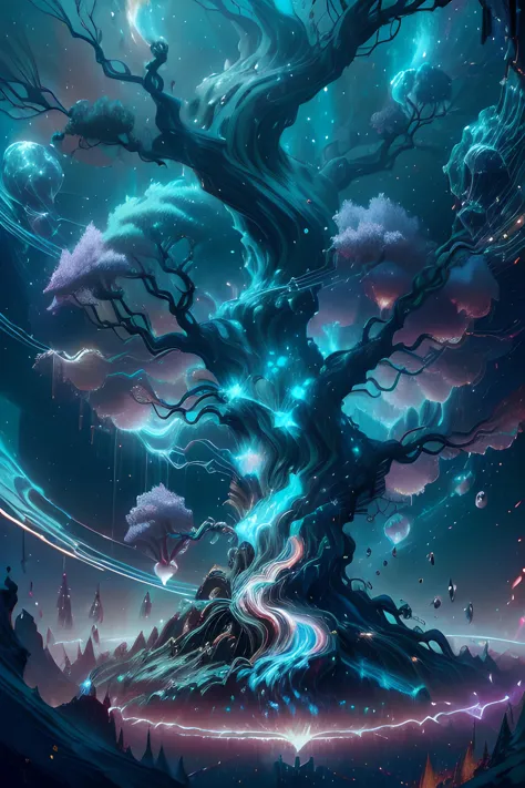 (((A Massive Tree full of Stars and galaxies in a vibrant fantasy forest))), (((Colorful Flowers))), (((Mountains in the background)), <lora:CreationMagic-21:0.8> creationmagic , ethereal creation, fragmented construct, particles stream <lora:PsionicMagic-20:0.7> psionicmagic , mana flow, shimmers, psychic energy <lora:AbyssalTech-20:0.45> abyssaltech , dark energy, ethereal, dissolving, see-through, abyss