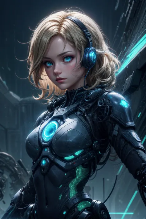 a woman in a futuristic suit with headphones and glowing eyes