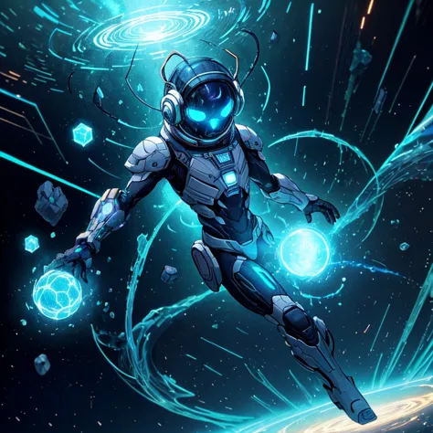 a man in a space suit flying through space with a glowing orb