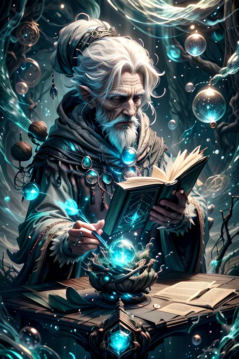 معالج عجوز يلقي تعويذة في غابة, الكتب العائمة, com.wizardcoreai, com.creationmagic , خلق أثيري, بناء مجزأة, تيار الجسيمات, 