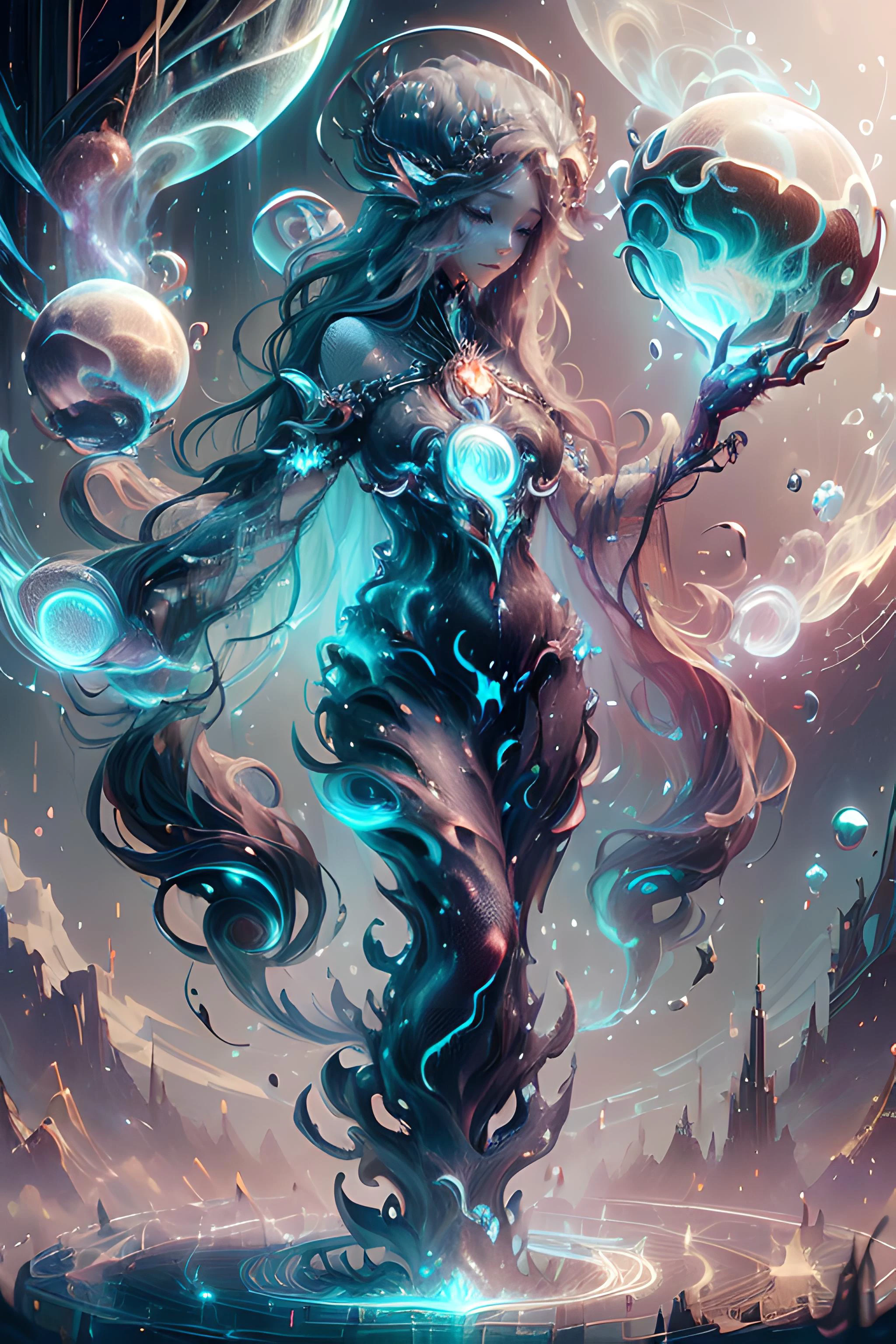 ((1 Girl))) (((Very Long Hair)), ((Benevolent Goddess overlooking a planet)), ( creationmagic , ethereal creation, fragmented construct, particles stream psionicmagic ,  mana flow,  shimmers, psychic energy  abyssaltech , dark energy, ethereal, dissolving, see-through, abyss