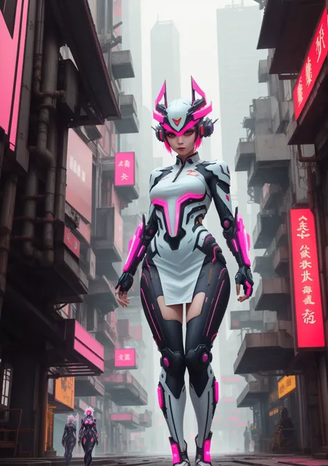 chinesische kleidung,Neon,1 Mädchen,chinesische kleidung,in weiß und rosa,cyberpunk city,dynamische pose,Kopfschmuck,Haarverzierung,cyberpunk,eine Hightech-Stadt,voller Maschinen und futuristischer Elemente,Futurismus,Technologie,draußen,Stehen,Kurzes Haar,Porträt,CHINA KLEID,NESStyle,