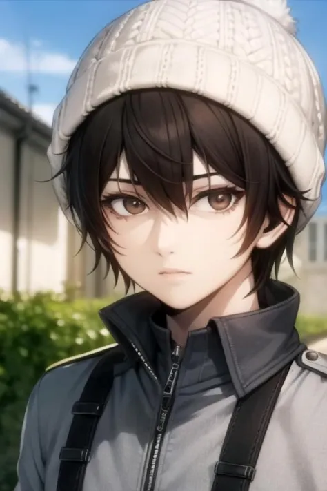 masterpiece, best quality, illustration, 1boy, solo, male focus, looking at viewer, upper body, depth of field, ligne claire, , <lora:ryouta_sakamoto:0.72>, ryouta_sakamoto, black hair, brown eyes, , bobble hat, military science fiction,