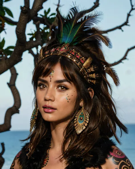 una foto de dos mujeres con un traje de guerrera tribal, retrato geográfico nacional, SFW, Tiro superior del cuerpo, colores increíbles, tocado tribal adornado, coloridas plumas de pavo real, Ojos increibles, cuerpo atlético, cuero crudo, perforaciones en los huesos, ropa tribal adornada, ropa de piel, Accesorios de hueso, tatuajes, escenario al aire libre, joyas tribales, accesorios de piel, accesorios tribales,  accesorios tribales para el cabello, armas tribales, lanza, (photoRealista:1.2), (Realista:1.1), ((obra maestra)), (Alta resolución:1.1) alta calidad, maestro, (cara detallada:1.1), (ojos detallados:1.1), ángulo de cámara dinámico, 1 chica,  