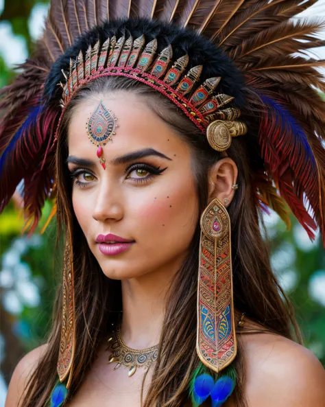 a woman wearing a headdress with feathers and feathers on her head