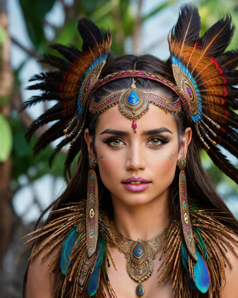 a close up of a woman wearing a headdress with feathers on her head