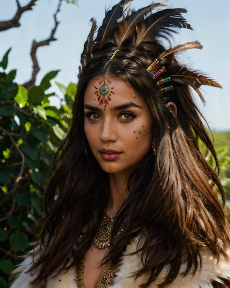 arafed woman with feathers and jewelry standing in front of a bush