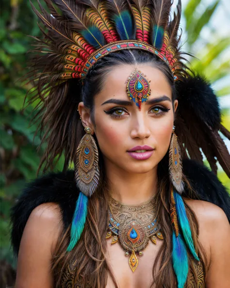 a woman with a feather headdress and feathers on her head