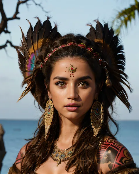 arafed woman with a feather headdress and a large feather headpiece