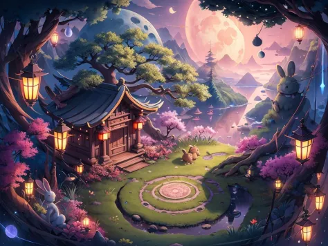 masterpiece,gufengmap,landscape,bulding,circle,rabbit,chibi,1moon,tree,light pink theme