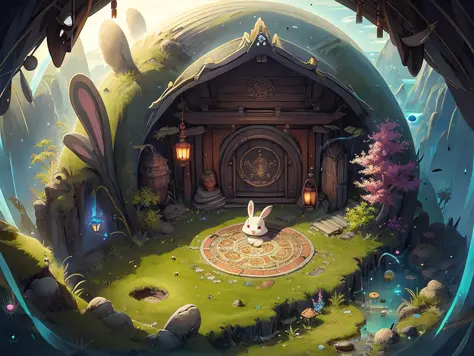 masterpiece,gufengmap,landscape,bulding,circle,rabbit,1girl,chibi