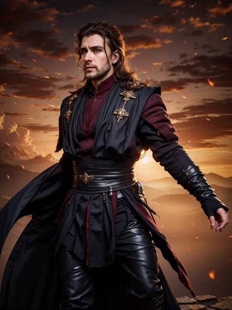 a man in a black outfit and a red shirt holding a sword