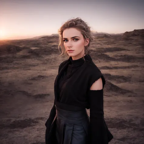 a woman in a black dress standing in a desert area