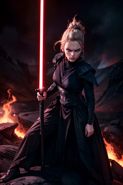 (masterpiece, best quality, glowing light, ultra detailed, detailed background, angry woman dressed in sthoutfit,on lava,blond h...