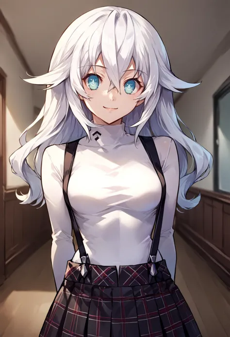 anime girl with white hair and blue eyes in a school uniform