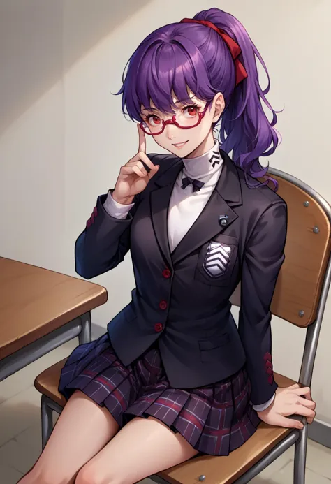 anime girl sitting on a chair in a school uniform