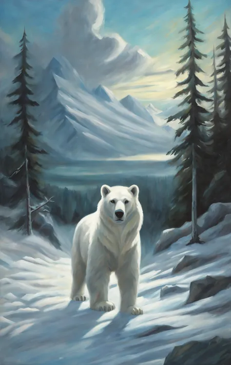 cinematic, old cracked painting of a giant real tabby white winged polarbear with wings in a snow landscape, northernlights, old...