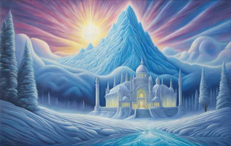 cinematic, old cracked painting of a giant ancient temple of light and ice and vibrance in a snow landscape, northernlights, old...