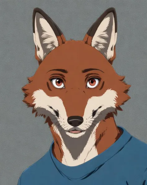 a close up of a cartoon fox wearing a blue shirt