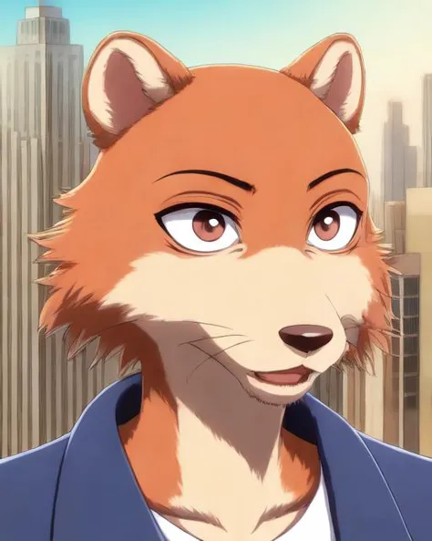 a close up of a person with a fox head and a city in the background