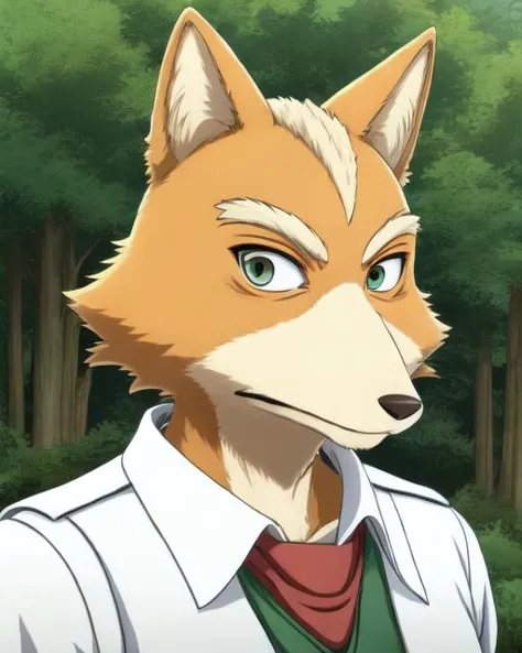 Fox McCloud, Roter Fuchs, Star Fox, Solo-Anthropologe, männlich, bekleidetes Brustbild, Wald-Hintergrund, ausführlicher Anime Kemono Beastars Animestyle, Cel-Shading, beste Qualität, gute Qualität, Meisterwerk, gute Qualität