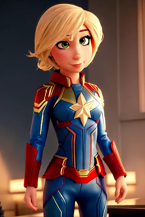 a close up of a woman in a captain marvel suit