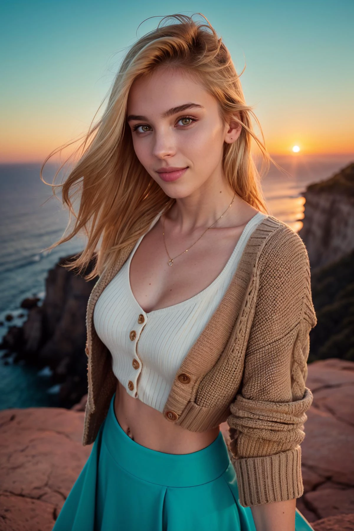 A photograph of (1girl, 21 years old, seductive smile),  zh_mariamdomark, solo, realistic, brown eyes, blonde hair, long hair, looking at viewer, wearing (cardigan, crop top and flair skirt)
