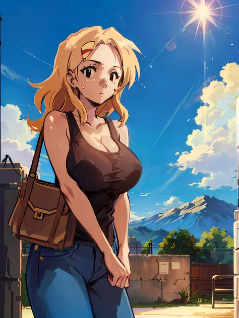 anime girl with a bag standing in front of a building