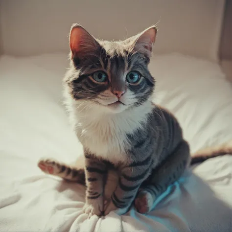 there is a cat sitting on a bed with a white sheet