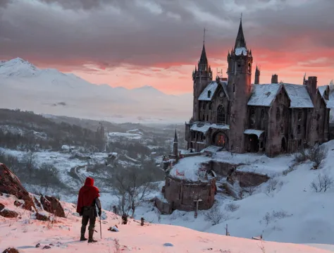 arafed view of a castle with a person on skis in front of it