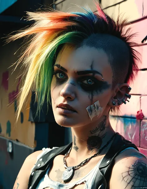 a close up of a person with a colorful hair and piercings