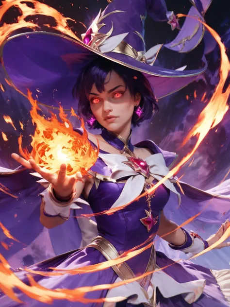 score_9, score_8_up, score_7_up, score_6_up, score_5_up,
1girl,magical girl, beautiful face,short hair,red glowing eyes, jewelry earrings,purple Wizard hat, purple gorgeous robe,holding fireball in hand,dynamic pose,fire in background,detailed background, HKMagic