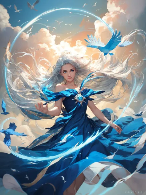 score_9, score_8_up, score_7_up, score_6_up, score_5_up,
1girl, wind magic,goddess of wind, silver hair color, long hair, surrounded by wind,bird, blue dress, blue eyes, wind element, wind power,light smile, dramatic light, sky cloud, extremely detailed