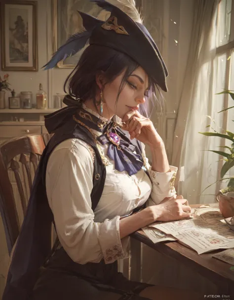 arafed woman in a hat sitting at a table with a glass of wine