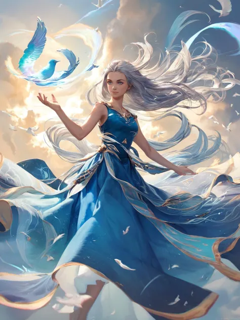 score_9, score_8_up, score_7_up, score_6_up, score_5_up,
1girl, wind magic,goddess of wind, silver hair color, long hair, surrounded by wind,bird, blue dress, blue eyes, wind element, wind power,light smile, dramatic light, sky cloud, extremely detailed