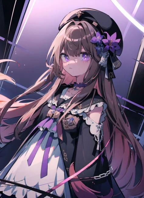 dutch angle, big diamond,
1girl, looking at viewer, menacing look,
pikkyherta, 1girl, long hair, purple (glowing:1.2) eyes, solo, hat, dress, bangs, looking at viewer, flower, doll joints, brown hair, hair ornament, black headwear, hair flower, chains, frills,
<lora:hertaStarRailV1:1> 
 <lora:menma-10:1:OUT8>