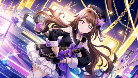 1girl, looking at viewer, smile, smug face,
hands on hips, 
pikkyherta, 1girl, long hair, purple (glowing:1.2) eyes, solo, hat, dress, bangs, looking at viewer, flower, (doll joints:1.1), brown hair, hair ornament, black headwear, hair flower, chains, frills,
<lora:hertaStarRailV1:1>
<lora:lLAS_v10:0.8>