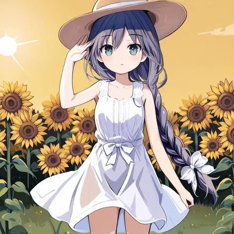 anime girl in a white dress and hat standing in a field of sunflowers