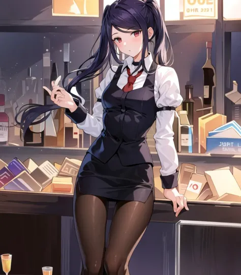 anime girl in a black dress and tie standing in front of a counter