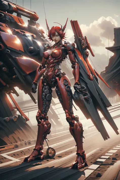 a woman in a futuristic suit stands on a platform with a large robot