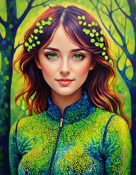 a painting of a woman with green eyes and a green jacket