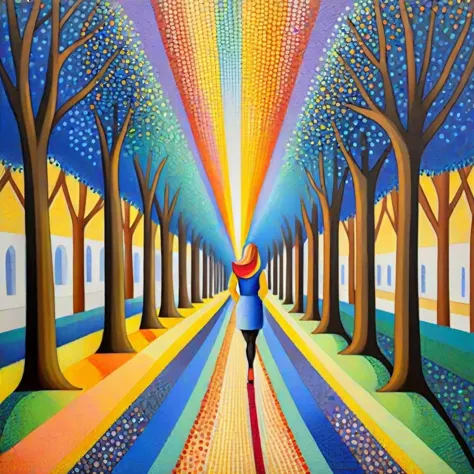 painting of a woman walking down a path with a rainbow umbrella